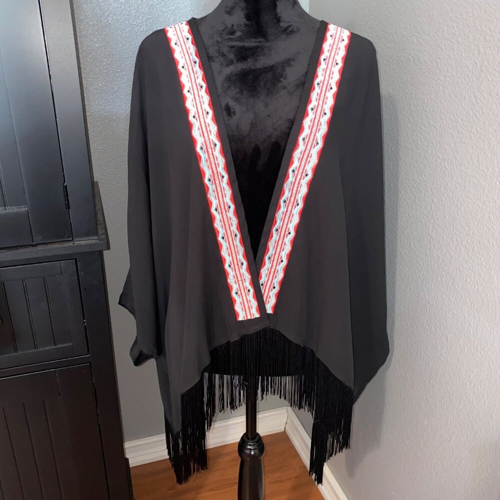 Cato Kimono Size 26/28 Boho Black  Embroidered Fringe Hippie Gypsy  Open‎ Front